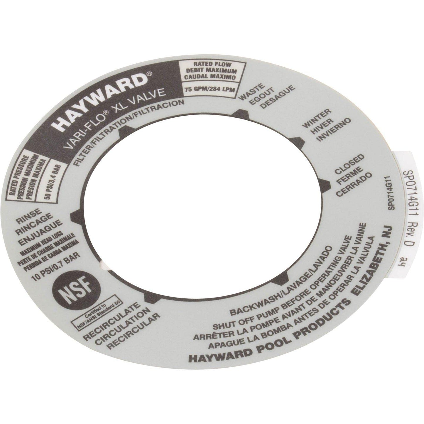 Hayward SPX0714G Valve Label
