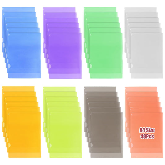 Boocalny 48 Pcs Plastic File Folders, Clear A4 Letter Size File Document Folder, 12 * 8.6 Inch L Type Project Pockets Thicken Document Jacket Sleeves for Work Office Organization (8 Colors)