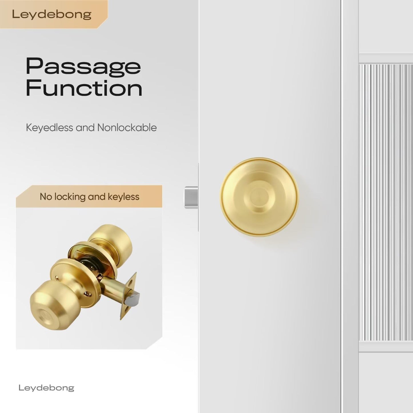 Leydebong 1 Pack Classic Gold Passage Door Knob Closet Door Knob, Satin Brass Door Knob for Interior/Hallway/Closet Doors, Interior Door Knobs