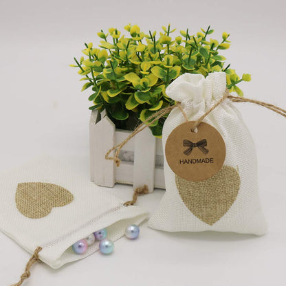 30pcs Burlap Bags, Jute Drawstring Pouches Wedding Gift Bags Jewelry Candy Pouch for Wedding Shower Birthday Christmas Party Favors DIY Craft (White with Brown Heart)