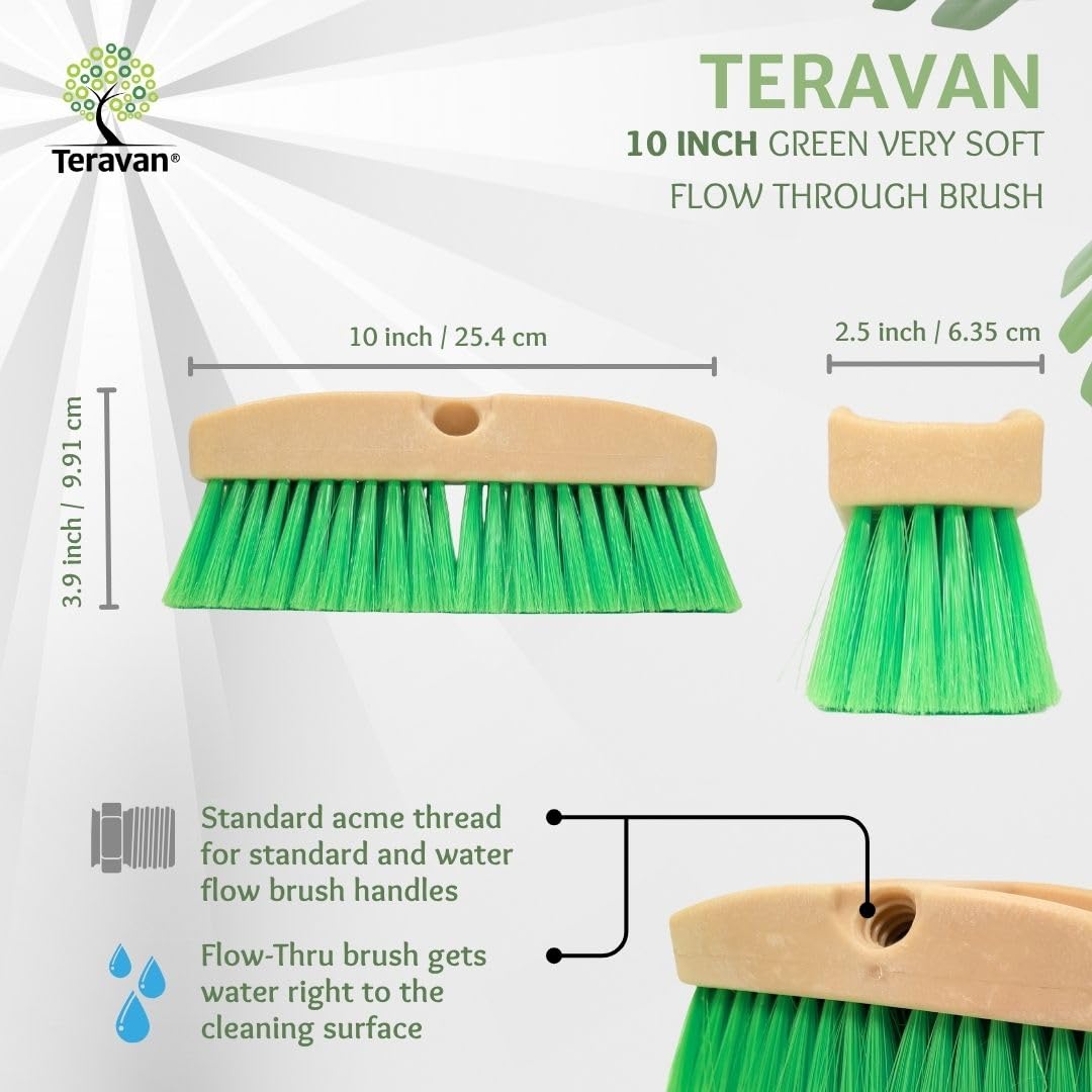 Teravan Green Flow Through Brush Head, 10-Inch Extra Soft Bristle Brush for Gentle Car Wash, RV, Boat, Window & Floor Cleaning, Compatible with Pole Handle