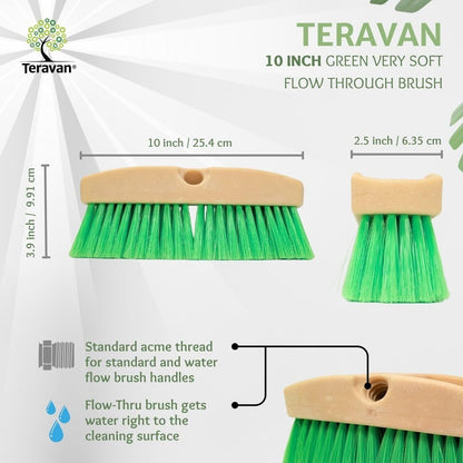 Teravan Green Flow Through Brush Head, 10-Inch Extra Soft Bristle Brush for Gentle Car Wash, RV, Boat, Window & Floor Cleaning, Compatible with Pole Handle