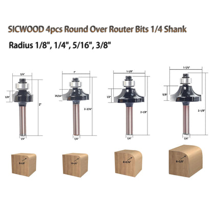 SICWOOD 4pc Roundover Router Bit Set, 1/4 Shank, Carbide, 2 Flute, 1/8", 1/4", 3/8", 5/16" Round-Over Cut, Router Bit Set, Woodworking, CNC Router