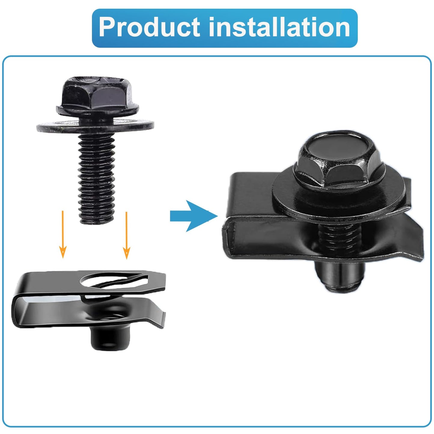 CSMATEYEAH 100 Pcs M6-1.0 Body Bolts U Nuts Kits, Bumper Fender Liner Push Pull Metal Rust-Resistant U Retainer, Universal for Most Cars Fastening Accessories, Steel, Black