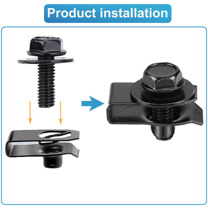 CSMATEYEAH 100 Pcs M6-1.0 Body Bolts U Nuts Kits, Bumper Fender Liner Push Pull Metal Rust-Resistant U Retainer, Universal for Most Cars Fastening Accessories, Steel, Black