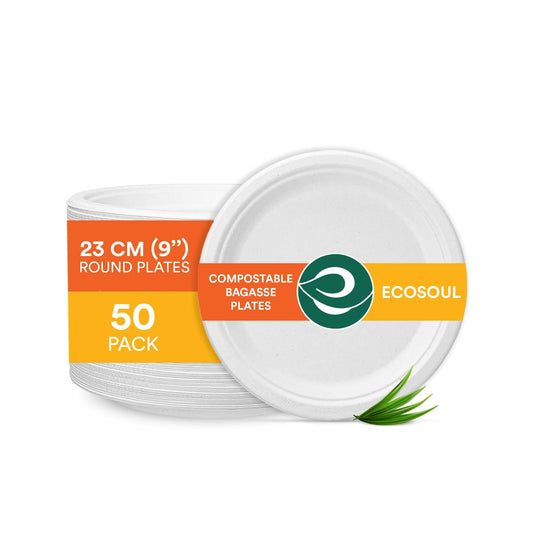 ECO SOUL 9 Inch Compostable Disposable Paper Plates [100 Pack] Food Safe 100% Virgin Bagasse Pulp Heavy Duty Biodegradable Microwave Safe Large Round Dinner Plate for Party, Picnic & BBQ (White)