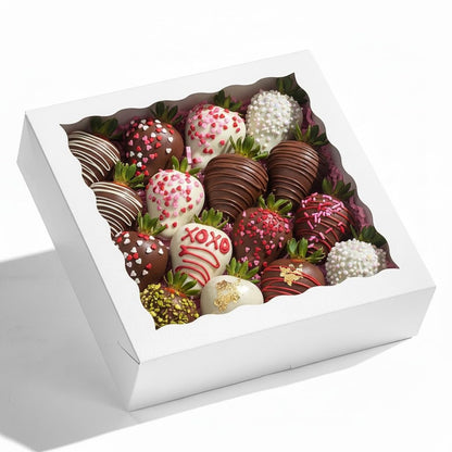 RomanticBaking 28pcs 9x9x2.5 Inches Bakery Boxes with Window for Pie, Chocolate Covered Strawberries, Breakable Heart, Cookies, Cakesickle