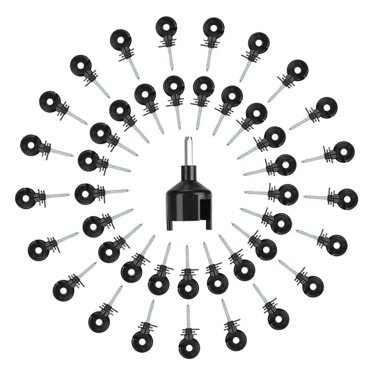 Electric Fence Insulators with Socket Tool, 50 PCS Screw in Ring Insulator for Fence Wood Post, Compatible with Electric Polywire or Steel and Aluminum Wire - Black