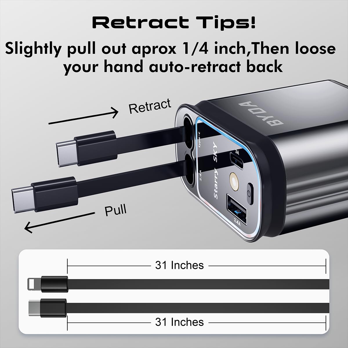 4 in 1 Retractable Car Charger with Starry Light,69W USB-C Fast Car Charger, for iPhone 17/16/15/14/13/12/11, Android,Pixel,Cigarette Lighter Charger (Grey, Light-ning+USB-C (Starry))