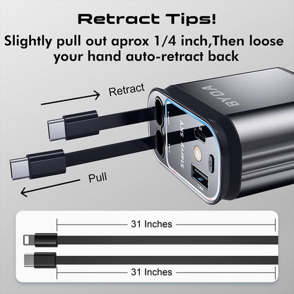 4 in 1 Retractable Car Charger with Starry Light,69W USB-C Fast Car Charger, for iPhone 17/16/15/14/13/12/11, Android,Pixel,Cigarette Lighter Charger (Grey, Light-ning+USB-C (Starry))