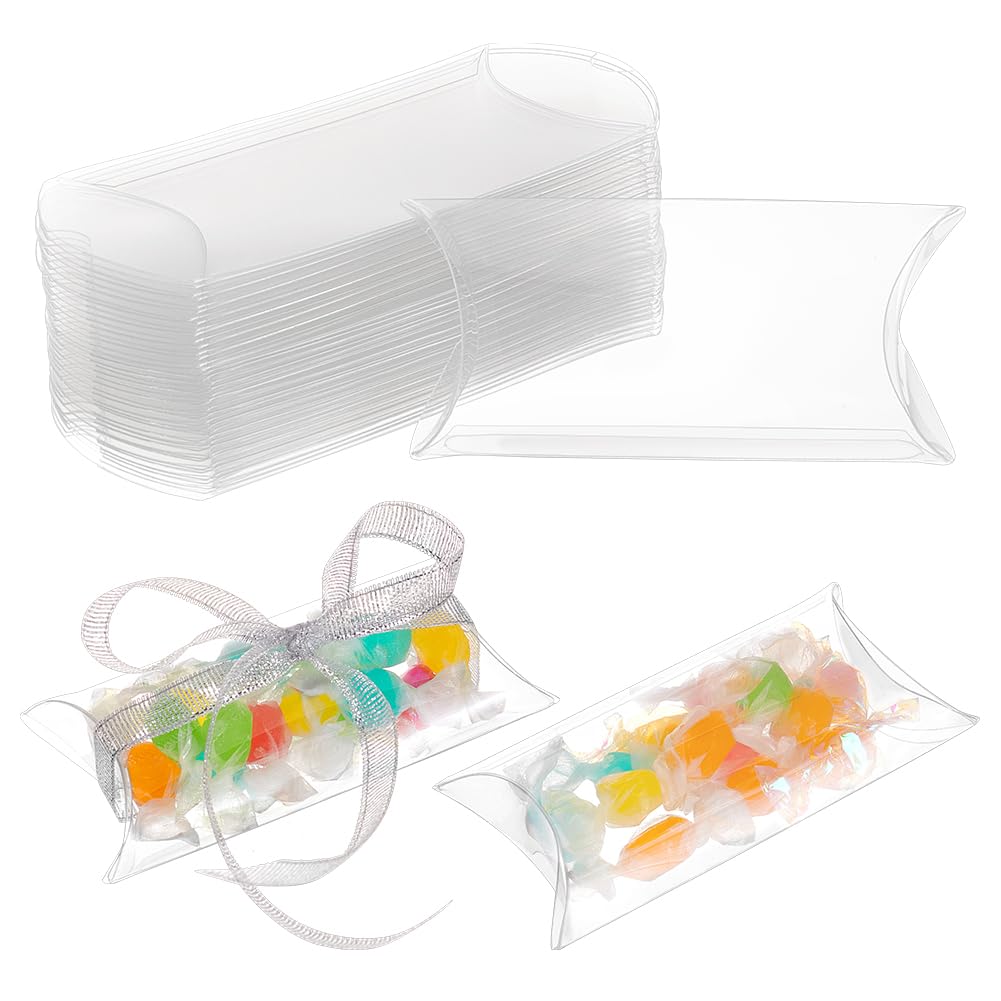BENECREAT 50 Pack PVC Plastic Pillow Box, 4x2.4x1 Inch Clear Gift Packaging Boxes, Candy Treat Favors Box for Weddings Festival Party Storage Packing