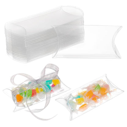BENECREAT 50 Pack PVC Plastic Pillow Box, 4x2.4x1 Inch Clear Gift Packaging Boxes, Candy Treat Favors Box for Weddings Festival Party Storage Packing