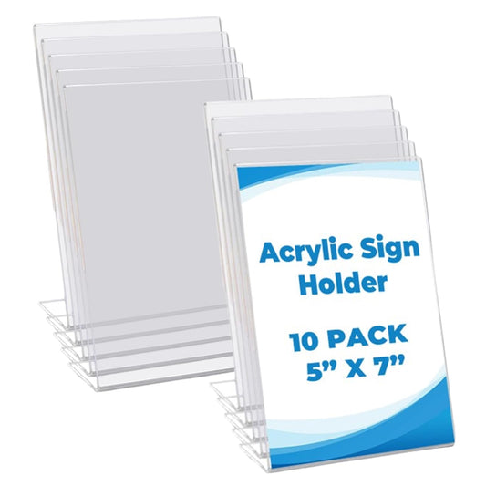 Voittozege 10pcs Acrylic Sign Holder, 5×7in L Shape Clear Display Stand, Flyer Document Brochure Paper Display Holder with Vertical Slant Back Picture Photo Frames for Office Store Restaurant Tabletop