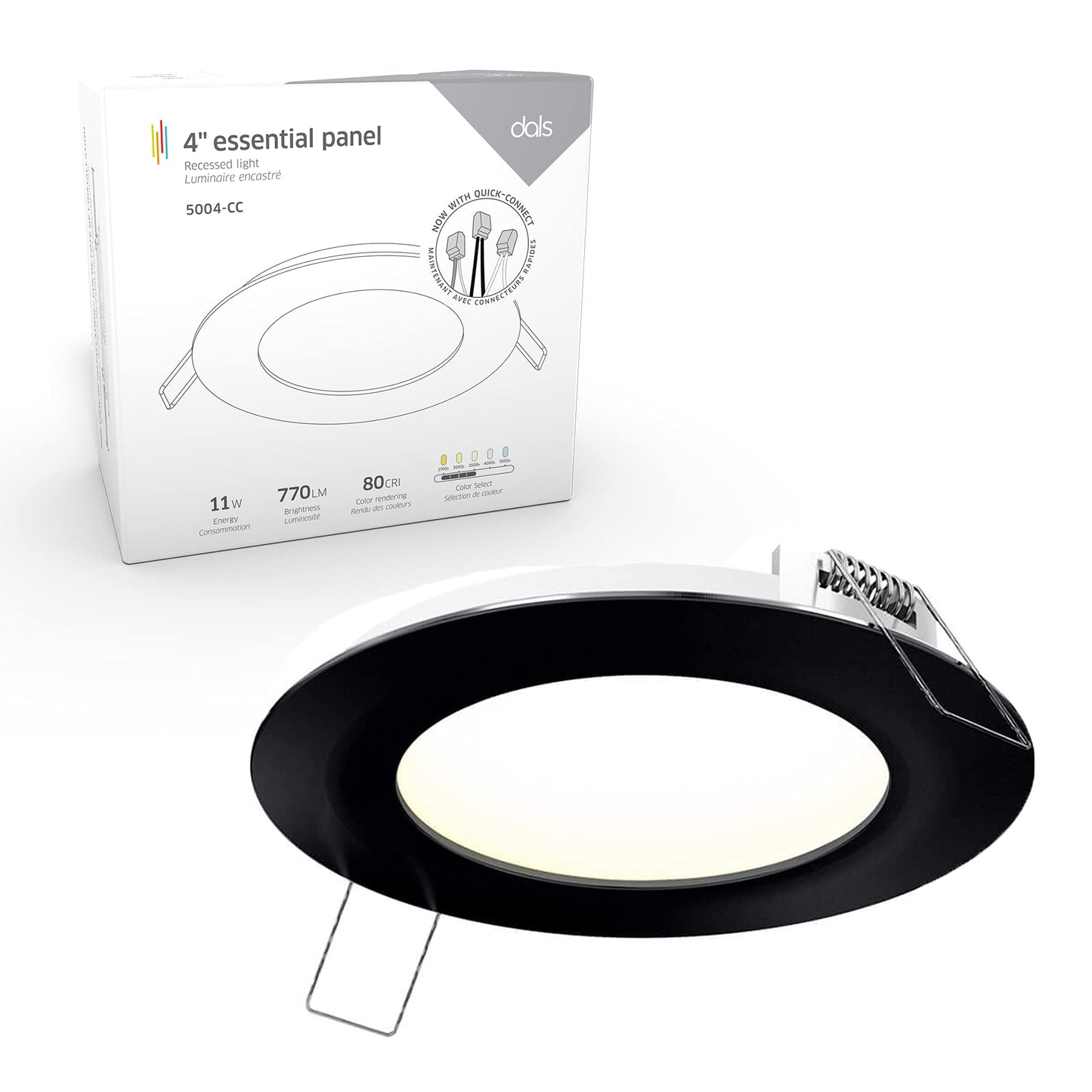 DALS 4 Inch Round Recessed Panel Light with Junction Box/Driver | CCT Color Selectable 2700K, 3000K, 3500K, 4000K, 5000K | 11W, 770 Lumens | Dimmable Pot Light | Wet Rated | ETL Certified | Black