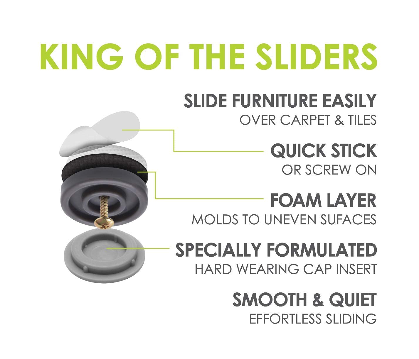 GorillaGlides 1 Inch (25mm) Chair Sliders/Floor Protectors (16 Furniture Glides) Screw-On or Self-Adhesive, for Sliding on Carpet & Hard Surface Floors, Round, CB253-16
