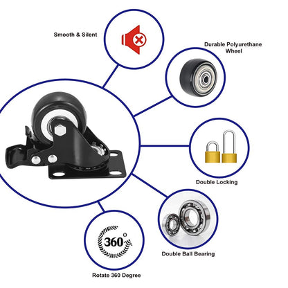 BOSGEOT 2" Caster Wheels, Heavy Duty Casters with Brake Set of 4, Locking Casters with 360 Degree No Noise Polyurethane (PU) Wheels, Swivel Plate Castors Pack of 4