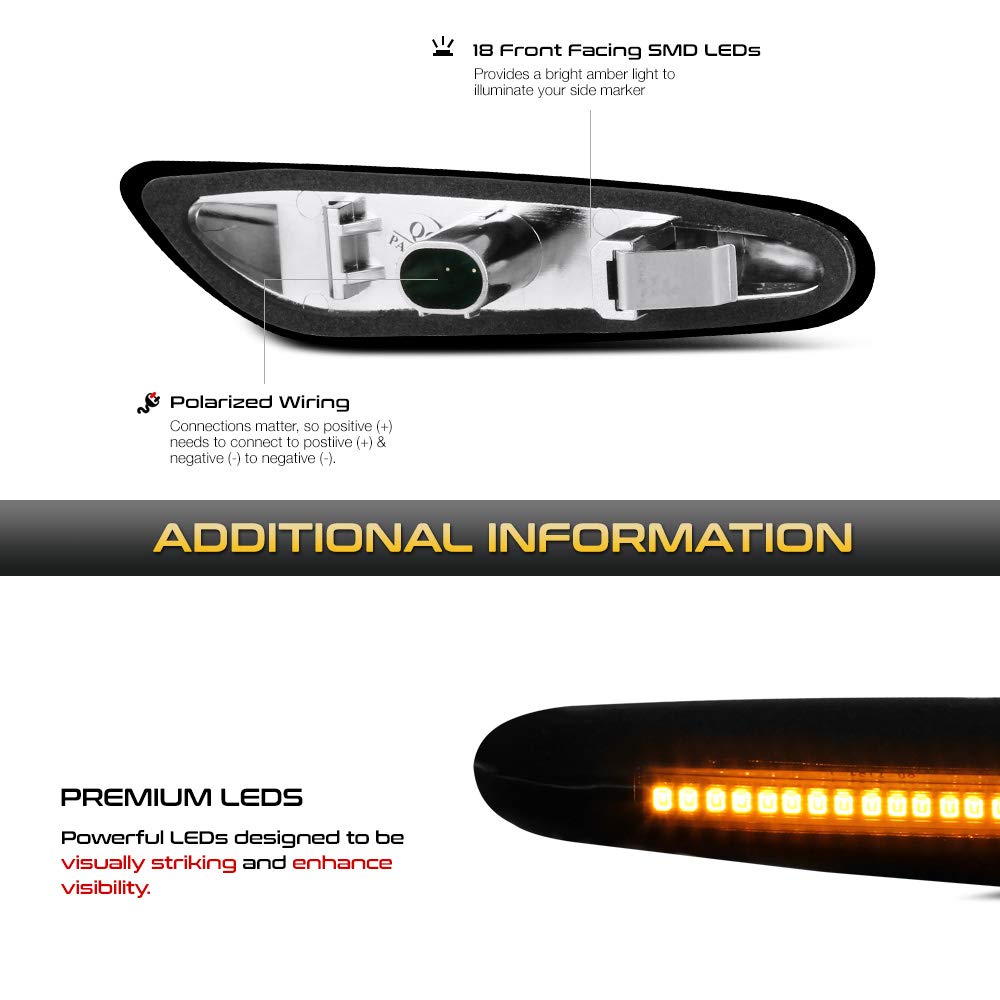 VIPMOTOZ Dark Smoked Lens Full LED Front Fender Side Marker Light Turn Signal Lamp Assembly Replacement For BMW E82 E88 E90 E91 E92 E93 E60 E61 E83, Driver & Passenger Side