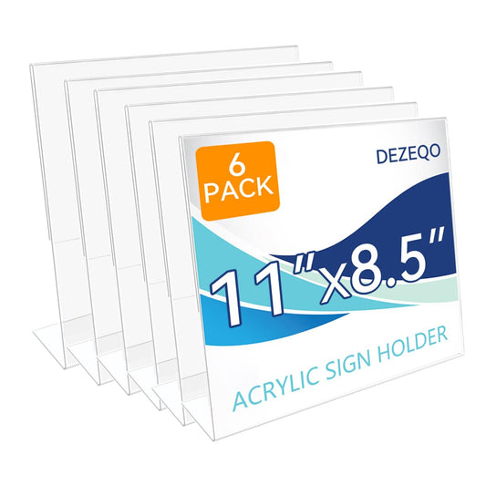 DEZEQO Clear Acrylic Desktop Display Sign Holder,11 x 8.5 Acrylic Slant Back Sign Holder Stand, Perfect for Showcasing Advertisements and Signs,6 Pack
