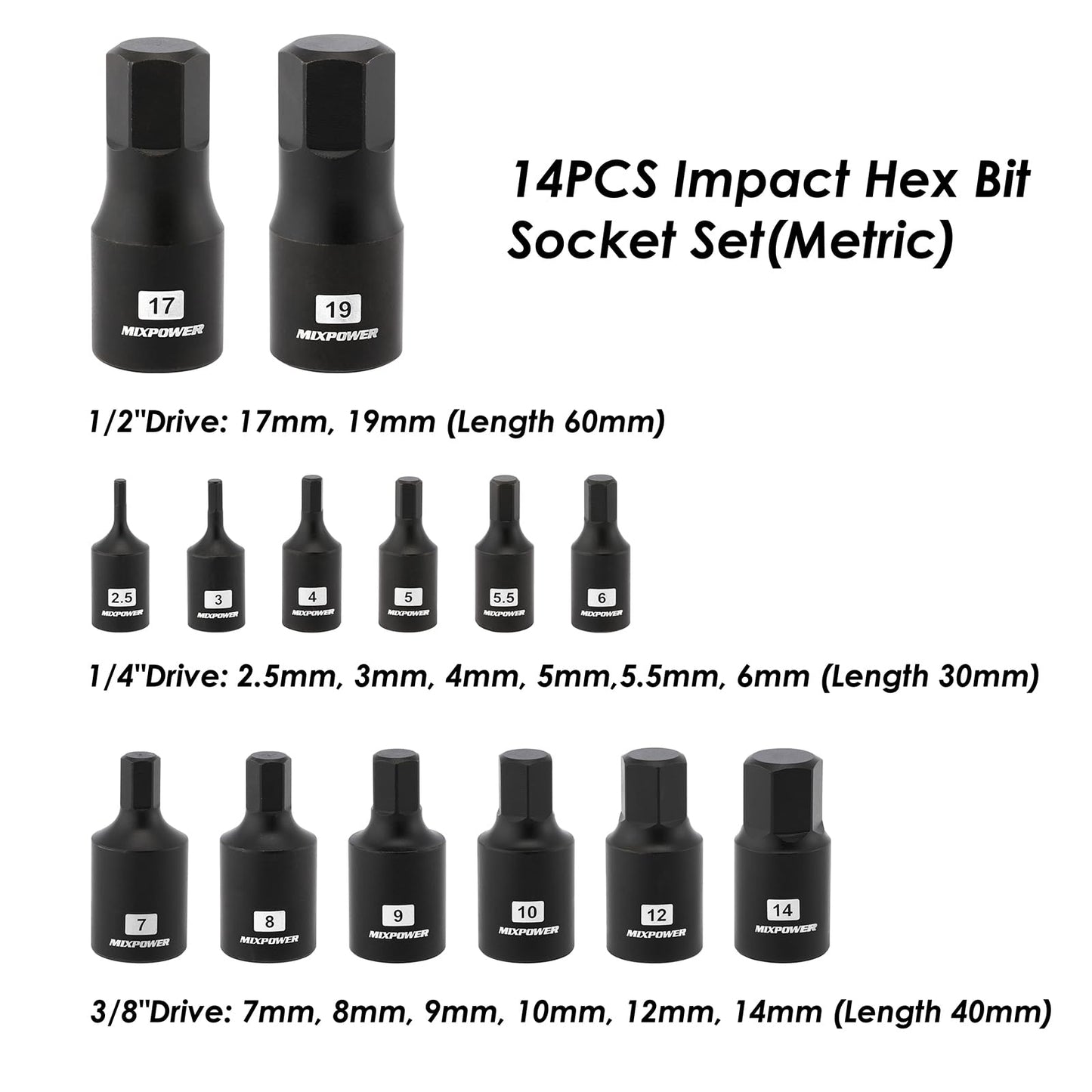 MIXPOWER 14-Piece Dr. Bit Socket Set, 2.5mm to 19mm, 1/4", 3/8" and 1/2" Drive, Cr-Mo Impact Grade, Metric, Hex Bit Socket