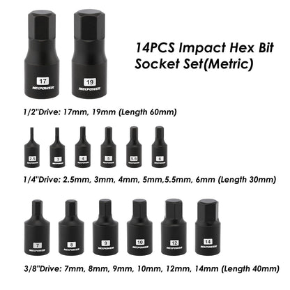 MIXPOWER 14-Piece Dr. Bit Socket Set, 2.5mm to 19mm, 1/4", 3/8" and 1/2" Drive, Cr-Mo Impact Grade, Metric, Hex Bit Socket