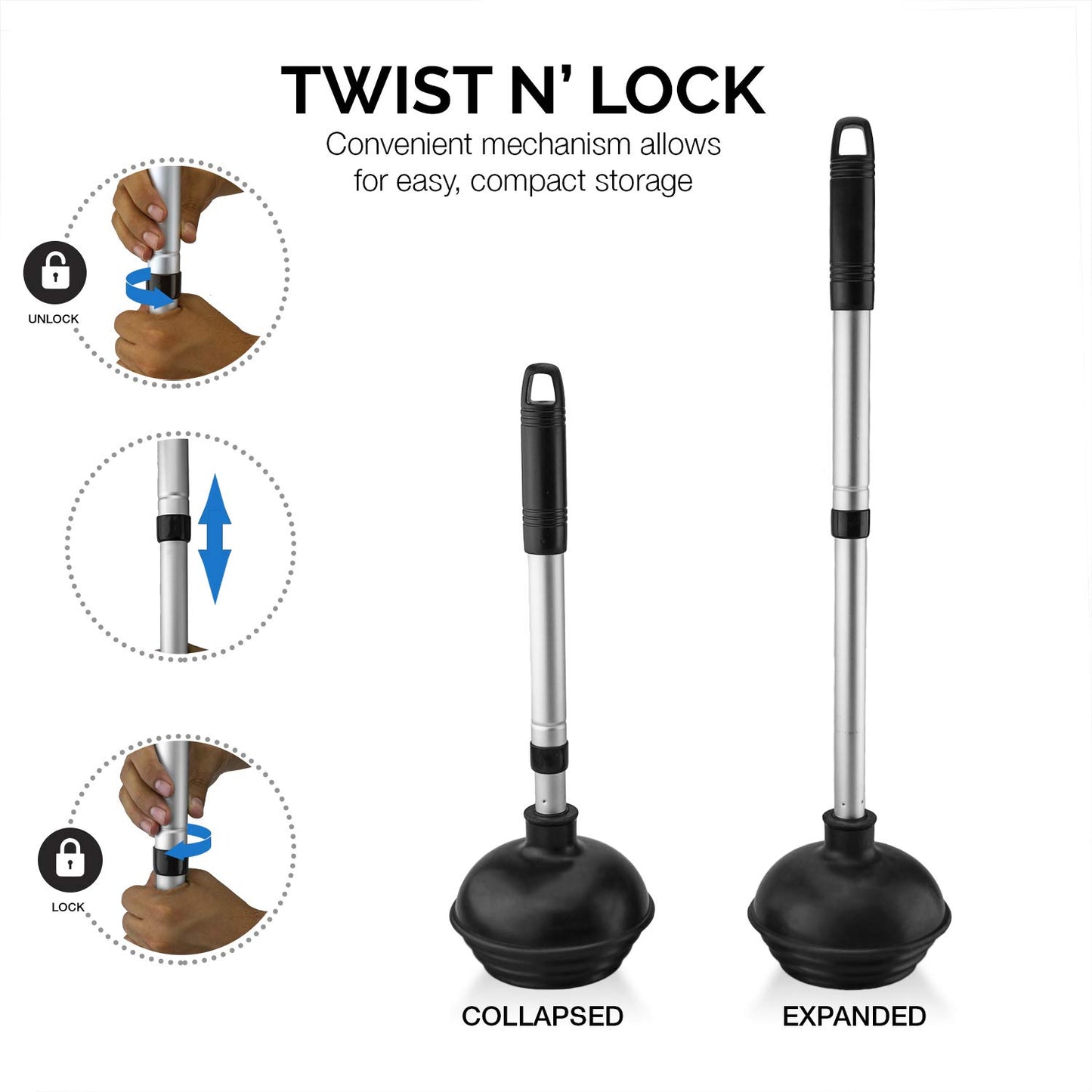 NEIKO 60168A Toilet Plunger Set, 4 Piece, Bonus Mini Sink & Drain Plunger, Toilet Bowl Brush & Caddy, Patented All-Angle Design, Telescopic Aluminum Handle, Bathroom Toilet Brush and Plunger Set