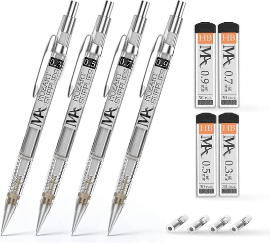 MozArt Mechanical Pencil Set - 4 Sizes: 0.3, 0.5, 0.7 & 0.9 mm with 30 HB Lead Refills Each & 4 Eraser Refills - Drafting, Sketching, Illustrations, Architecture Writing & School Work (Plastic)
