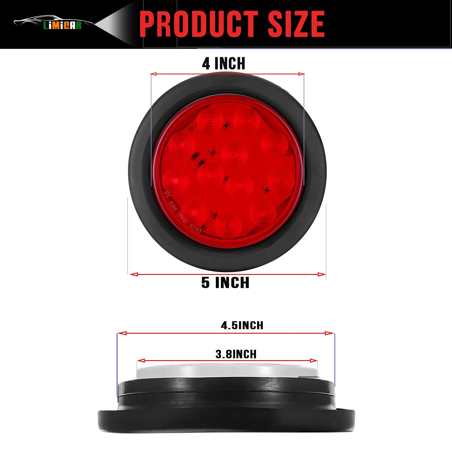 LIMICAR 4 Round LED Stop Turn Tail Lights, 12 LED Trailer Lights, 4 Inch LED Lights for Trucks, Stop Turn Signal Stop Brake Trailer Lights for Tractor Truck Bus Lorries RV (Pack of 4)