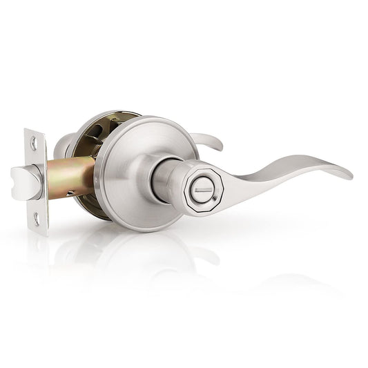 Probrico (1 Pack)Privacy Door Lever[Thumb Turn Lock on The Inside],Locking Door Handle Set for Bedroom & Bathroom Doors,Keyless Satin Nickel Finish Wave Door Lock, Reversible Right & Left Side Handed