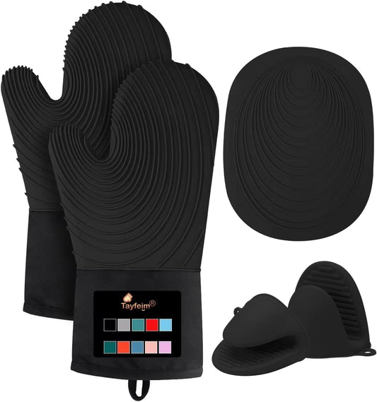 Tayfeim Silicone Oven Mitts 5pcs, Upgraded Pot Holders Set Heat Resistant 500F, Waterproof, Cotton Lined Oven Gloves BPA-Free, Oven Mits Set for Cooking Baking Kitchen Mittens Black