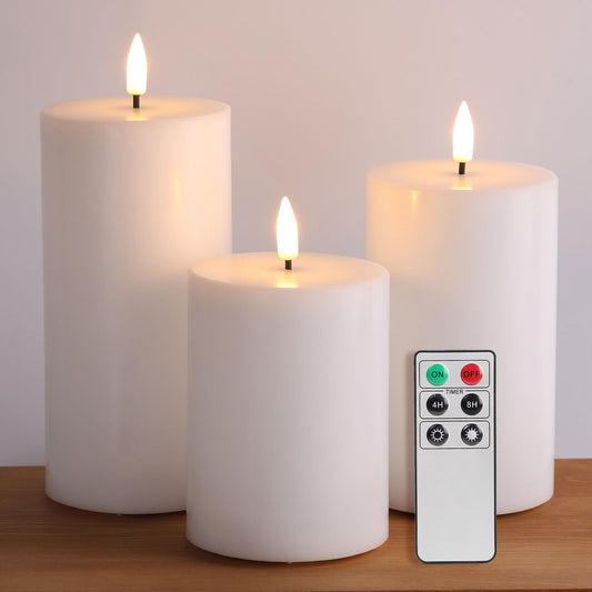 Eywamage White Flameless Pillar Candles with Remote, Flat Top LED Battery Candles Real Wax Flickering Set of 3