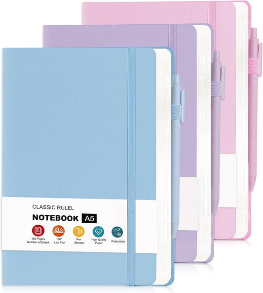 3 Pack Leather Notebook Set with 3 Pens, A5 College Ruled Notebook,160 Pages Hardcover Notebook,Diary Journal for Office, School, Writing(3 Colors 20.8cm x14.5cm)