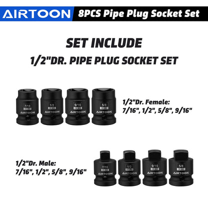 AIRTOON 1/2" Drive Pipe Plug Socket Set, 8-Piece, SAE, CR-MO, 7/16" - 5/8", Tapered Male Square Drive, Chamfered Female Square Drive