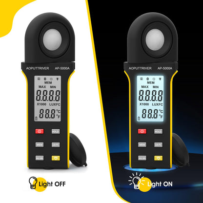 Light Meter Lux Meter Logger,Digital Lumen Tester Measure Range 0.1~400,000 Lux(0.1~40,000 FC) Foot Candle Luxometer with Rotatable Detector, Data Logging for Plant Grow Aquarium (AP-5000A