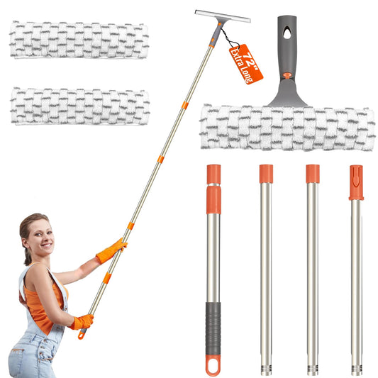 Extra Long Handle Window Squeegee - 12" Squeegee & Microfiber Scrubber, 2 Reusable Pads, 72 Inch Extension Pole,Streak-Free for Indoor Outdoor Home Glass Patio Door High Place Spring Cleaning Tool