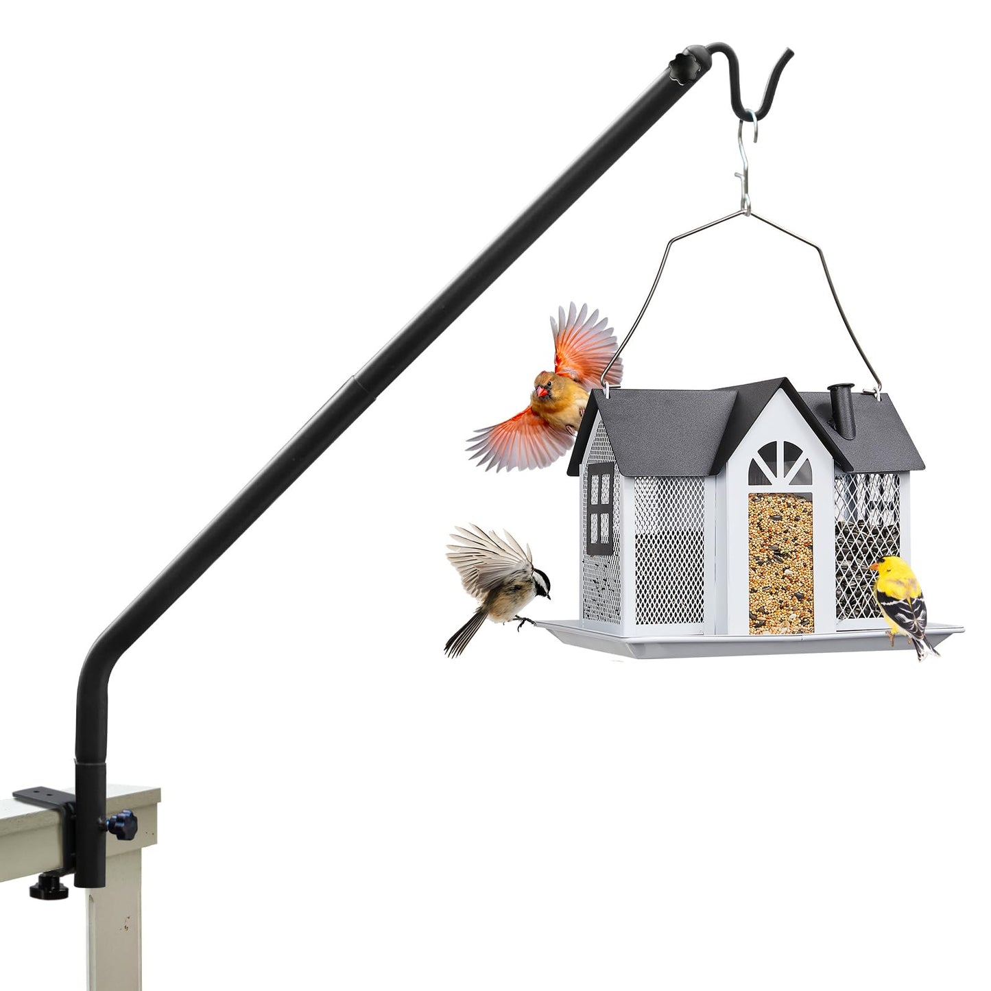Kingsyard Heavy Duty Deck Hook, 27"-39" Adjustable Metal Deck Railing Hooks for Hanging Bird Feeders, Planters, Suet Baskets, Lanterns, Wind Chimes, Clamp Mounted