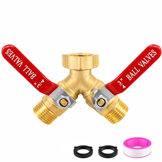Garden Hose Splitter 2 Way, Heavy Duty Brass Water Hose Splitter with Stainless Steel Long Handle, 3/4" GHT Thread Garden Hose Y Splitter 2 Way, Full Flow Hose Splitter Connector