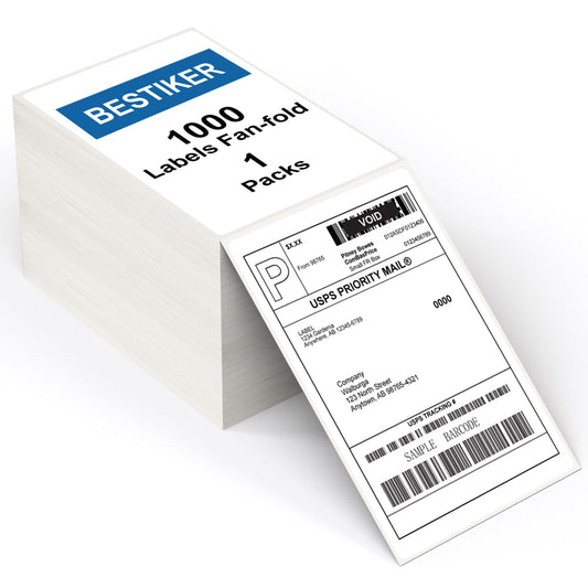 BESTIKER 4”x6” Direct Thermal Labels Pack of 1000, Commercial Grade Fan-fold Shipping Labels for Thermal Printers Compatible with Zebra & Rollo, Permanent Adhesive Label Paper 1 Pack Total