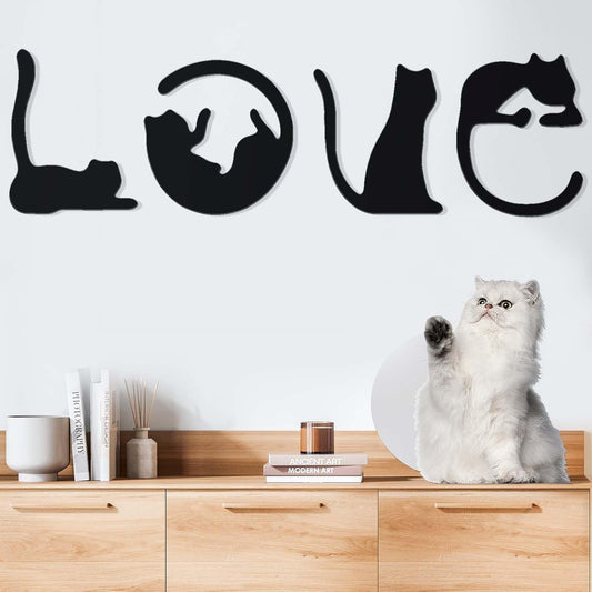 Set of 4 Black Metal Cat Wall Art, 3D Modern Metal Wall Decor, Black Cat Wall Sculpture for Living Room Love Signs for Home Decor, Mother's Day Birthday White Elephant Gifts for Women Men