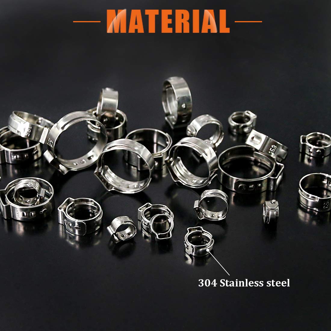 Rustark 120Pcs 6-23.5mm 304 Stainless Steel Single Ear Stepless Hose Clamp Clips Assortment Kit for Various Hoses and Automotive Use