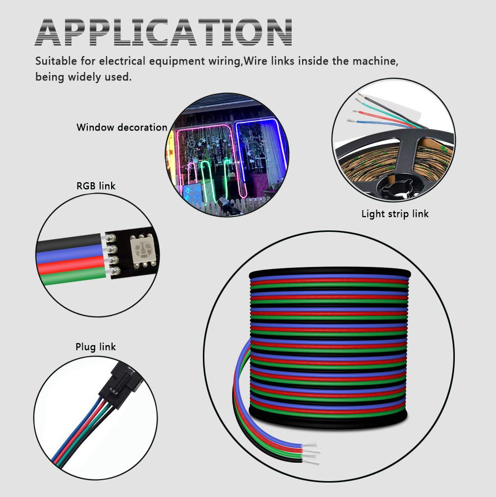 LEADTOPS 22AWG 4pin LED Electric RGB Wire 22 Gauge 100ft 30m Conductor Extension Cable Line Cord for RGB LED Strip 5050 3528