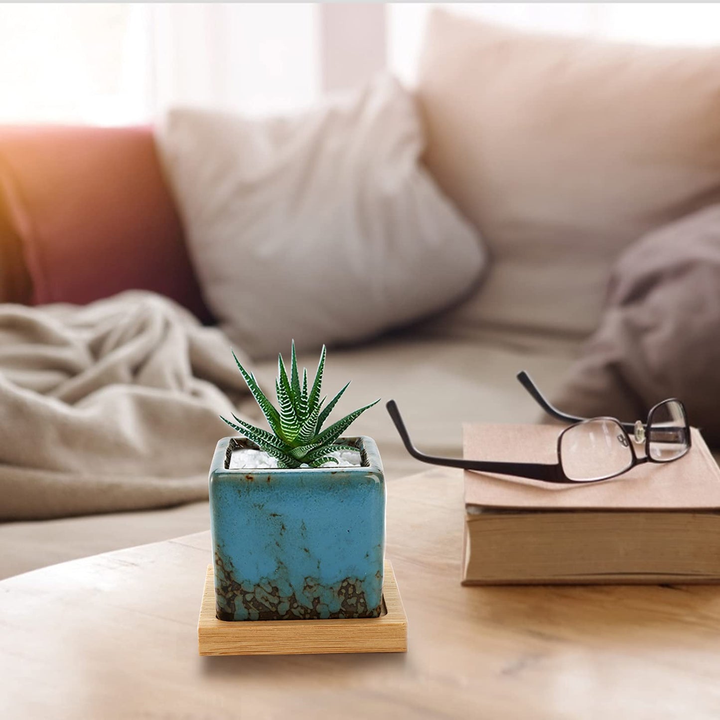 TOPZEA Set of 10 Succulent Planter Pots, 2 Inch Square Ceramic Glazed Cactus Plant Pot Tiny Flower Container with Drainage Hole & Bamboo Tray for Desk, Windowsill, Home Decor, Coffee Bar