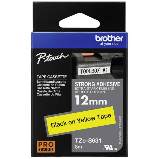 Brother Genuine P-touch TZE-S631 Tape, 1/2" (0.47") Wide Extra-Strength Adhesive Laminated Tape, Black on Yellow, Laminated for Indoor or Outdoor Use, Water-Resistant,0.47" x 26.2' (12mm x 8M),TZES631