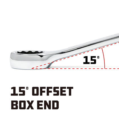 Powerbuilt SAE 1-1/8 Inch Combination Wrench, 12 Point Double Ended Box and Open End, 15 Degree Offset - 644154