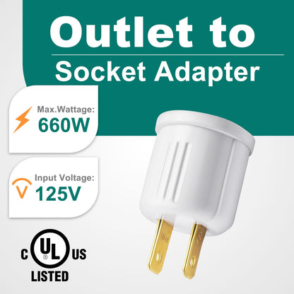 DiCUNO Outlet to E26 Light Socket Adapter, Bulb Socket with Polarized Plug, UL/CSA Listed, 660W 125V, White, 10-Pack