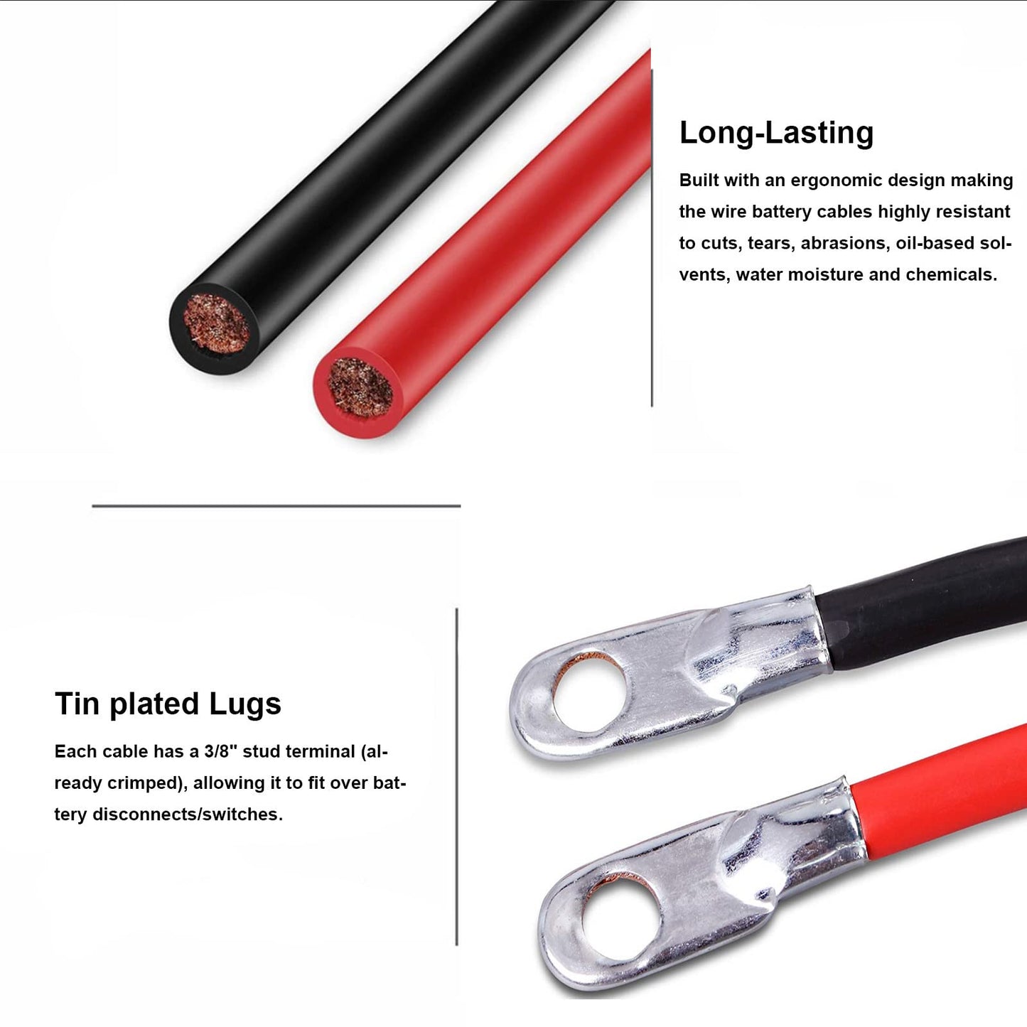 CyanHall Battery Cable 4AGW Gauge Red + Black 24 Inch Battery Inverter Pure Copper Battery Inverter Cables Solar for Solar RV Car Boat Automotive Marine Motorcycle with 3/8" Lugs