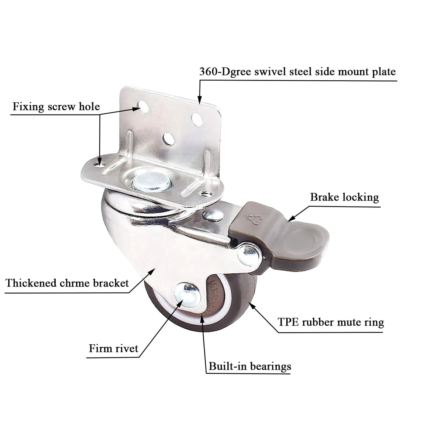 Luxinika L-Shaped Caster Wheels 1.5 Inch, Small Side Mount Casters Set of 4 Heavy Duty 176 Lbs with Brakes, Silent TPE Rubber Swivel Plate Caster Wheels for Furniture, Rolling Cabinets, Tables