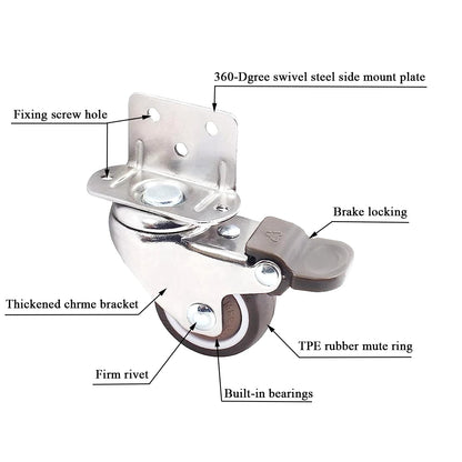 Luxinika L-Shaped Caster Wheels 1.5 Inch, Small Side Mount Casters Set of 4 Heavy Duty 176 Lbs with Brakes, Silent TPE Rubber Swivel Plate Caster Wheels for Furniture, Rolling Cabinets, Tables