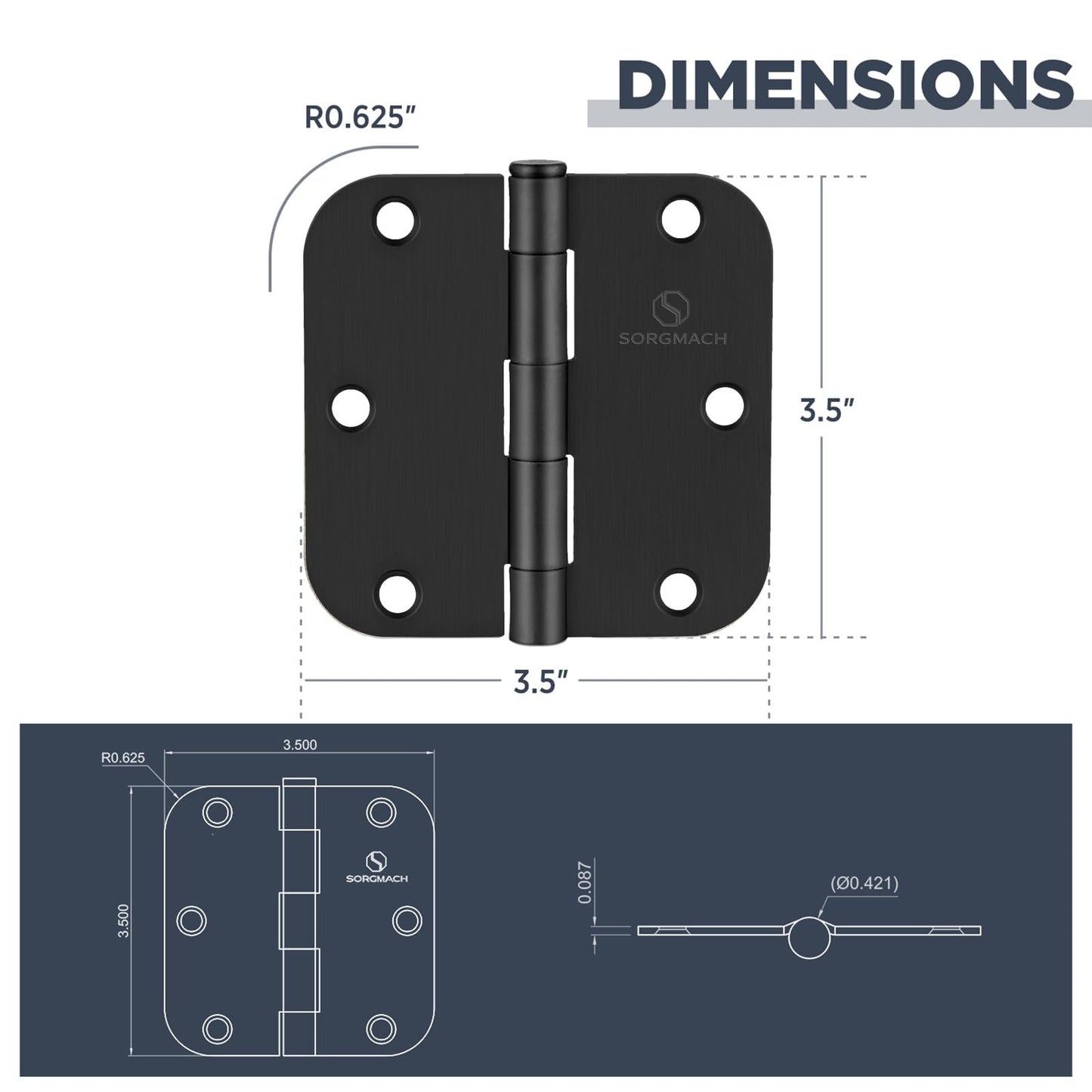 SORGMACH Door Hinge 3 1/2 Inch Interior Door Hinges Matte Black 3.5 Inch Interior Hinges 5/8" Radius Flat Iron Hinge 3 ½"x 3 ½" Door Hardware - 3 Pieces