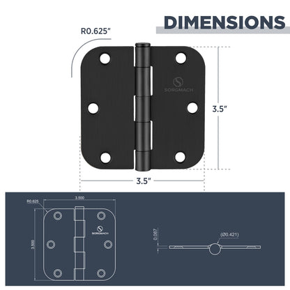SORGMACH Door Hinge 3 1/2 Inch Interior Door Hinges Matte Black 3.5 Inch Interior Hinges 5/8" Radius Flat Iron Hinge 3 ½"x 3 ½" Door Hardware - 3 Pieces