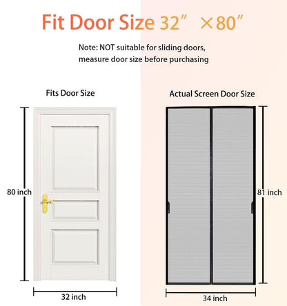 FEGO Magnetic Screen Door Fits Door Size 32"x80", Door Screen Itself Size 34"x81" Enjoy Breeze, Reinforced Fiberglass Mesh Anti-Tearing, Hands Free Entry, Pets & Kids Friendly for Patio/Front/Doorway